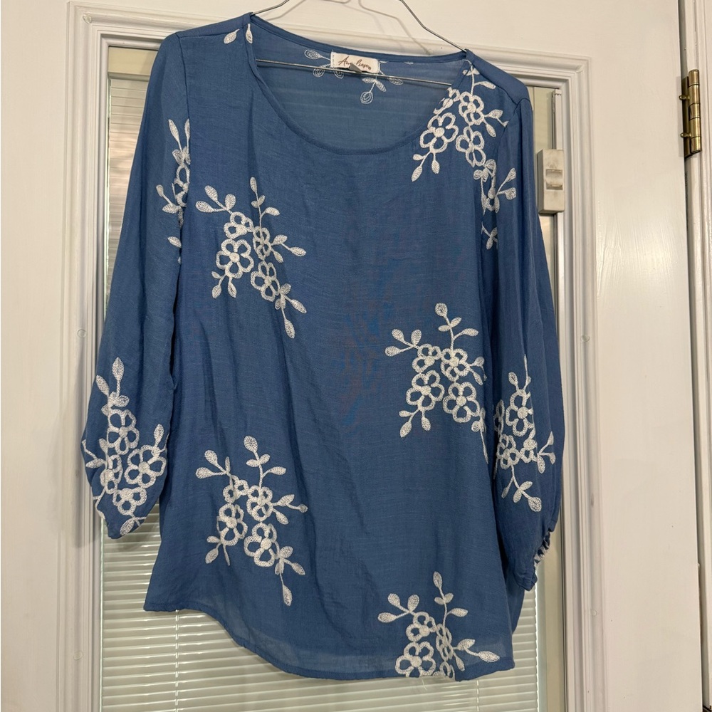 Eileen Fisher Blue Floral Embroidered Scoop Neck Tunic